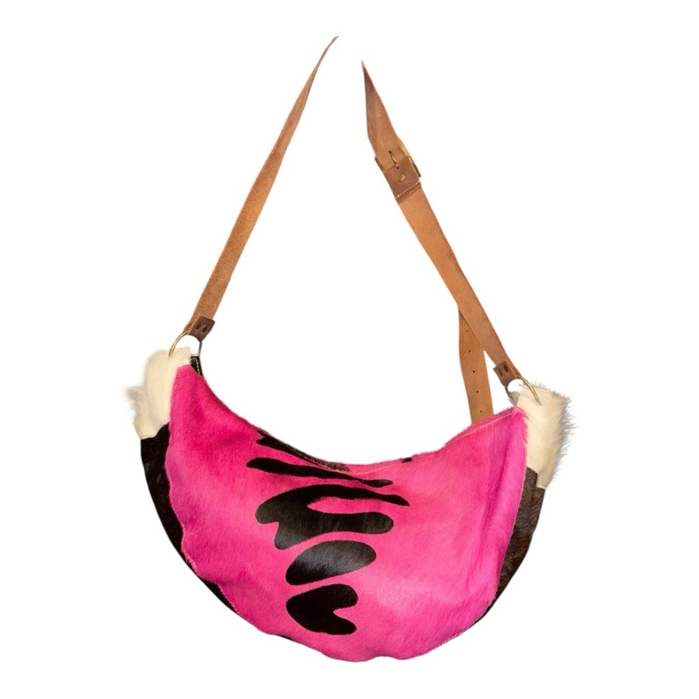 Fur-On Cowhide Western Shoulder Bag Pink & Black Zebra Print w/Leather Strap BP4